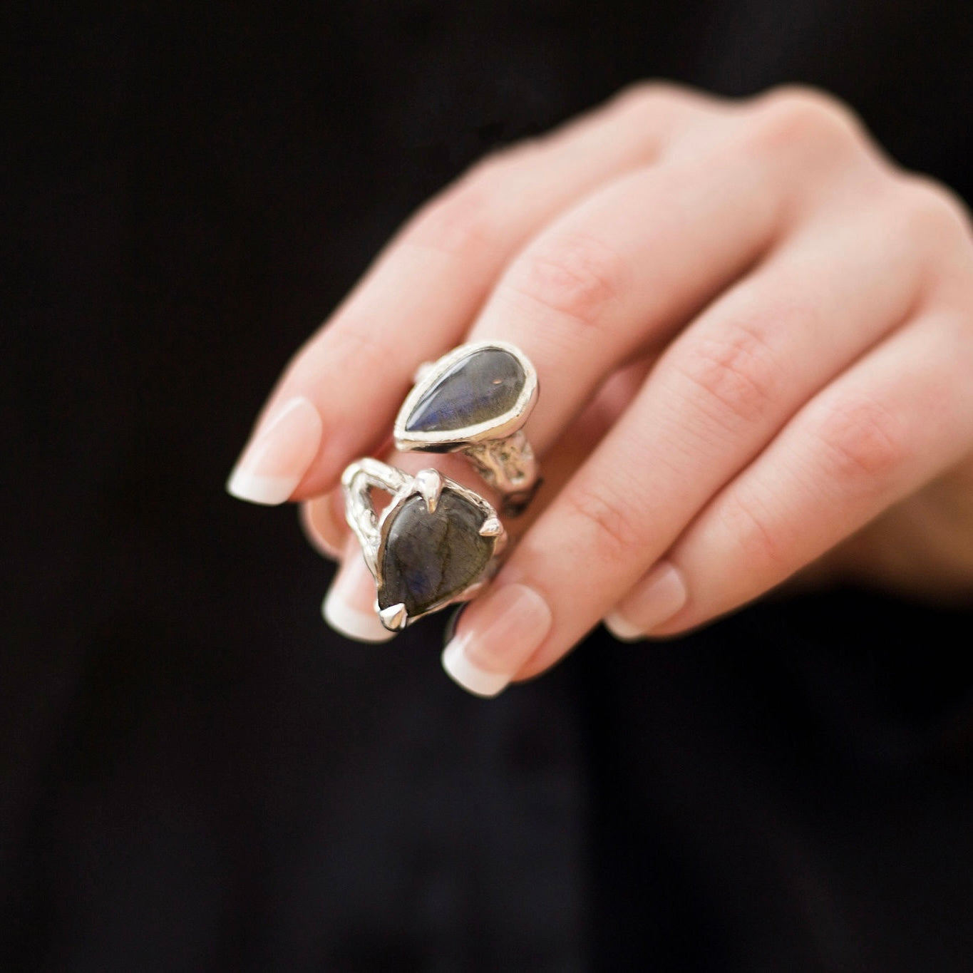 Silver Pear Labradorite Ring